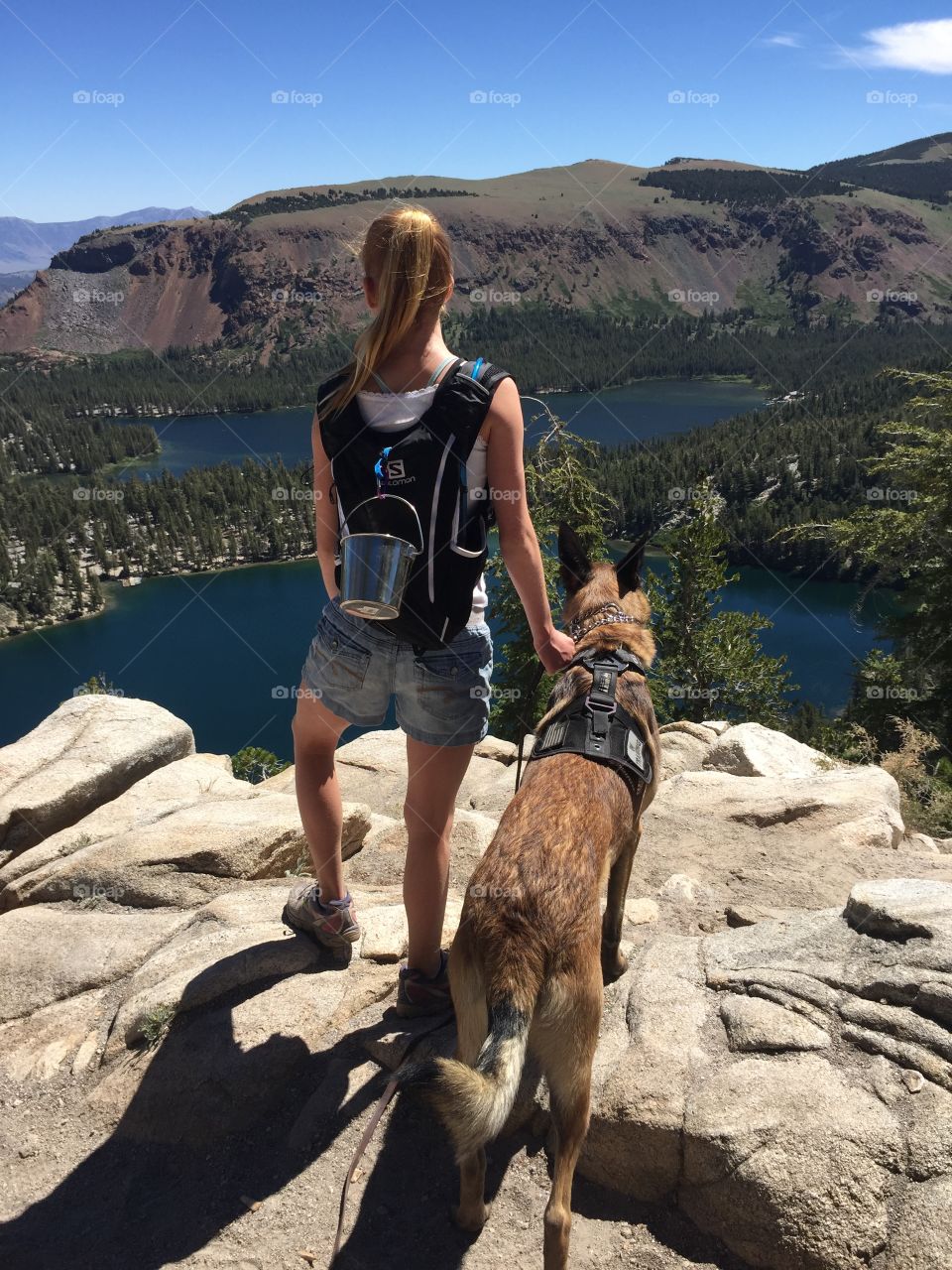 Beautiful landscape vista. Overlooking Lake Gregory, in Mammoth Lakes, CA. Hiking the Mammoth Crest Trail. With best hiking buddies. Hiking with dogs! Hiking with kids! Summer and great outdoors! 