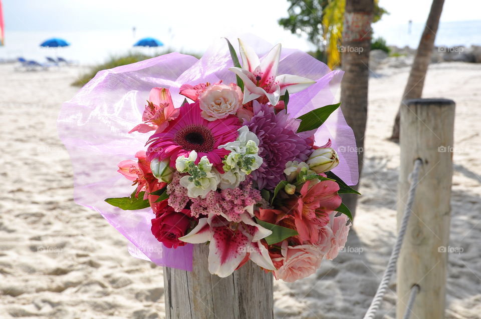 Beautiful wedding flowers at the beach