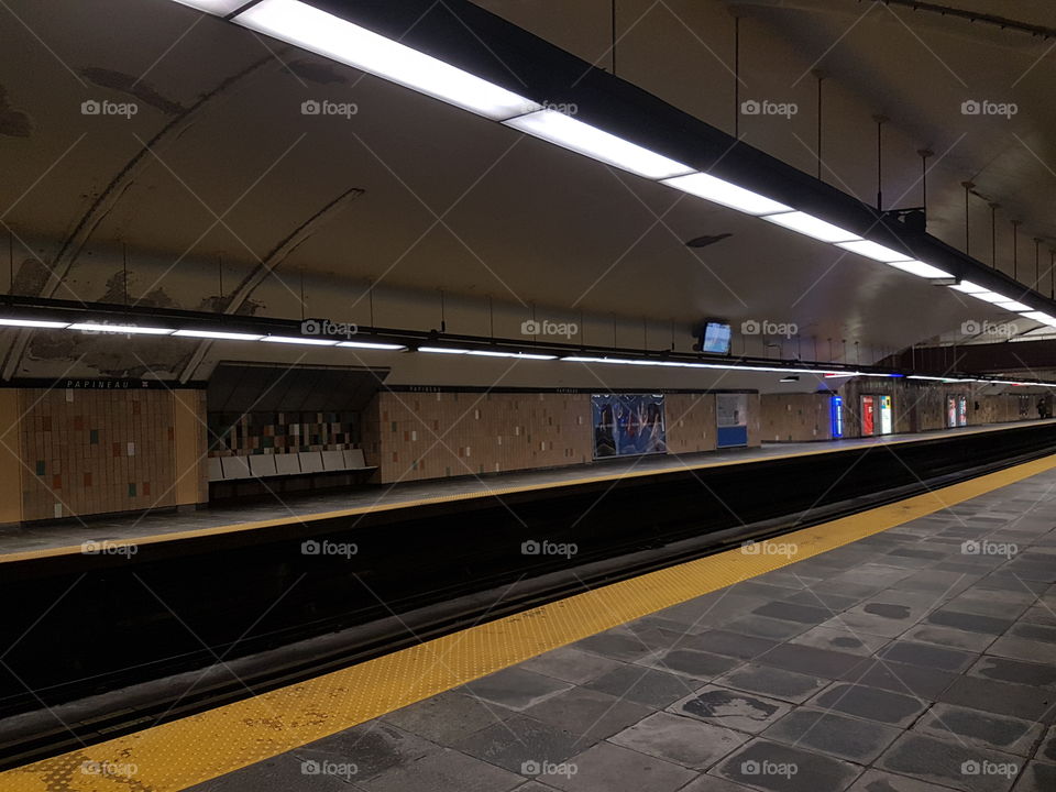 Empty platform of the Papineau station. Green line. Montreal. Canada.