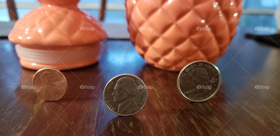 coins, balance, standing coins, currency, United States currency, table trick, nickle, quarter, penny