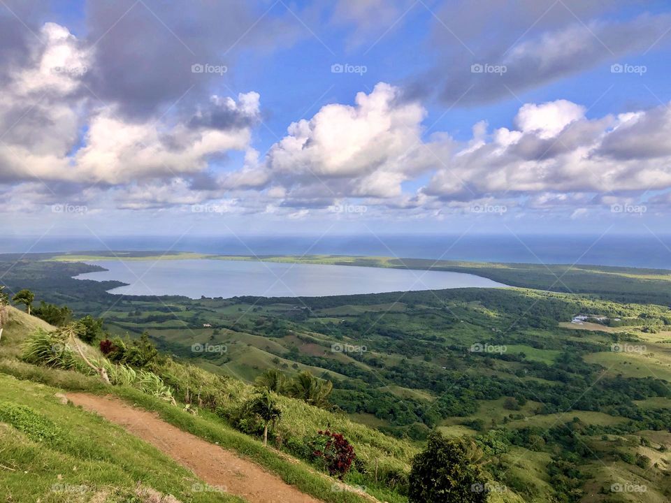 view from the mountain to the landscape with the lake and sea