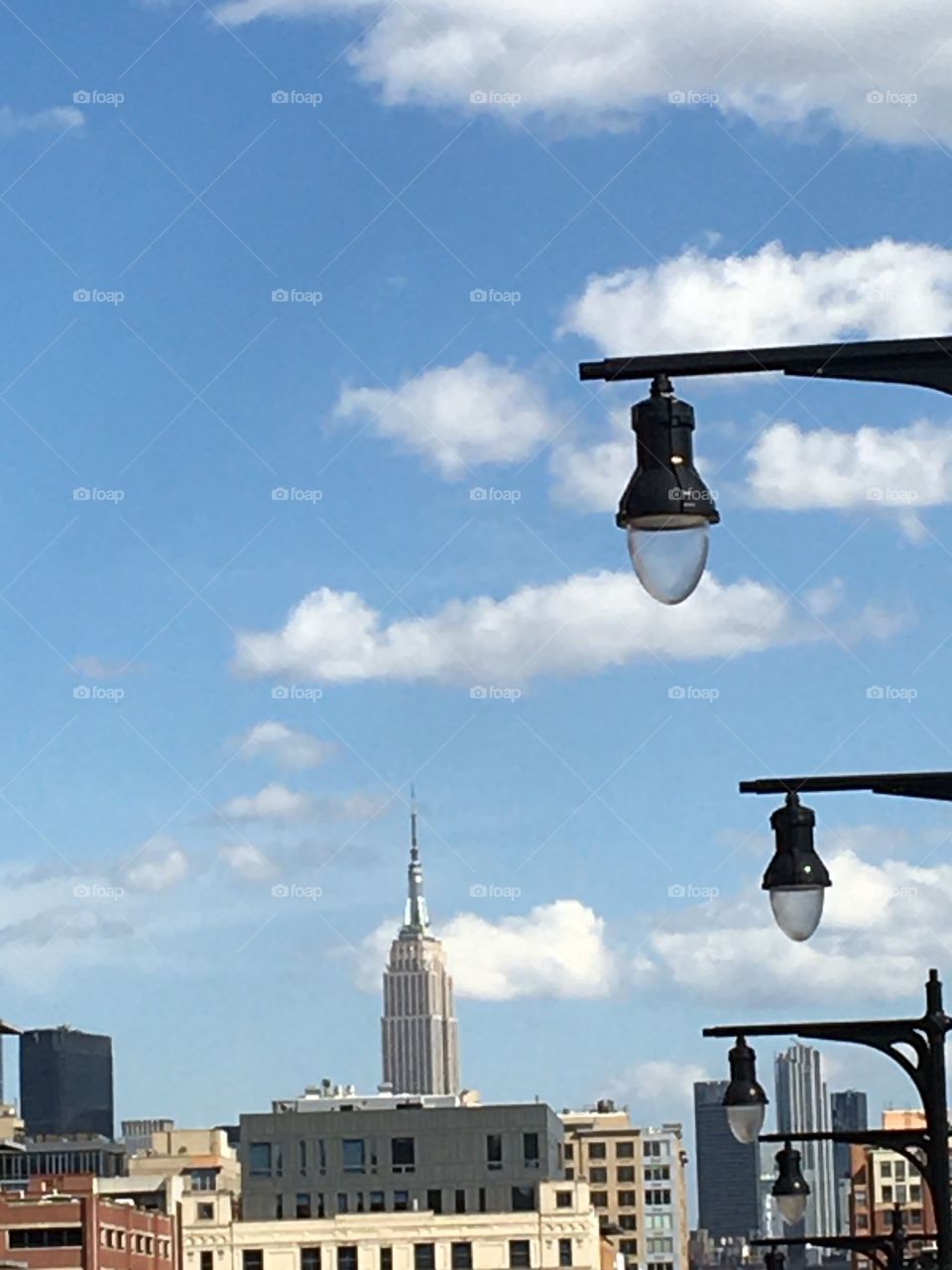 Empire State Building with cumulus clouds in blue sky and streetlights in foreground 