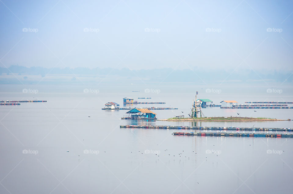 The raft floating fish farming and birds in Krasiew dam ,Supanburi Thailand.