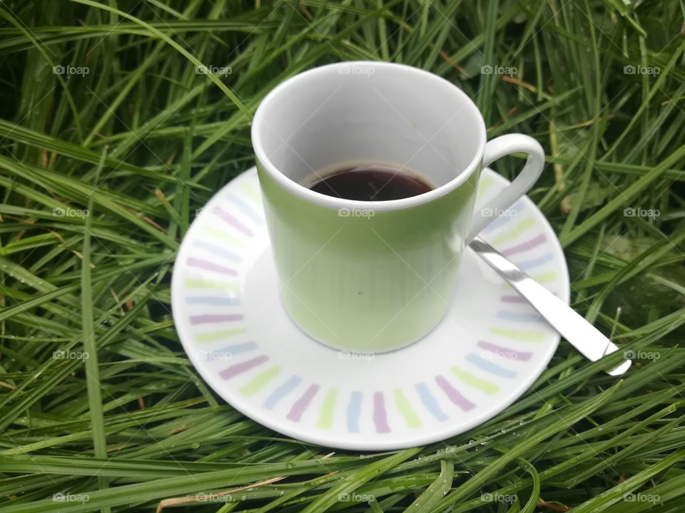 Coffee cup, coffee mug, grass