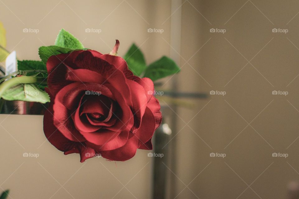 Red fabric rose flower against tan (or beige) background 