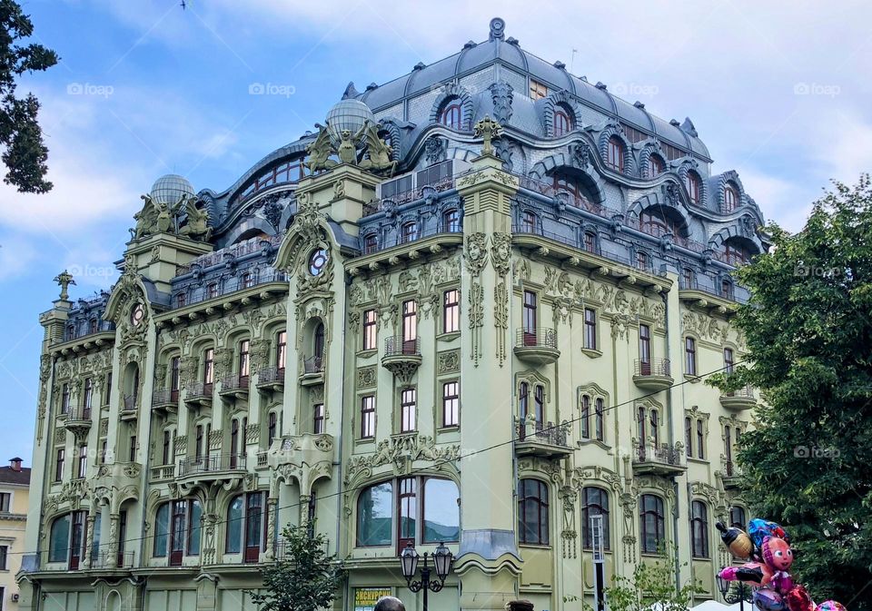 View to the popular luxury modern style hotel Bolshaya Moskovskaya on the famous Deribasovskaya street in Odessa, Ukraine