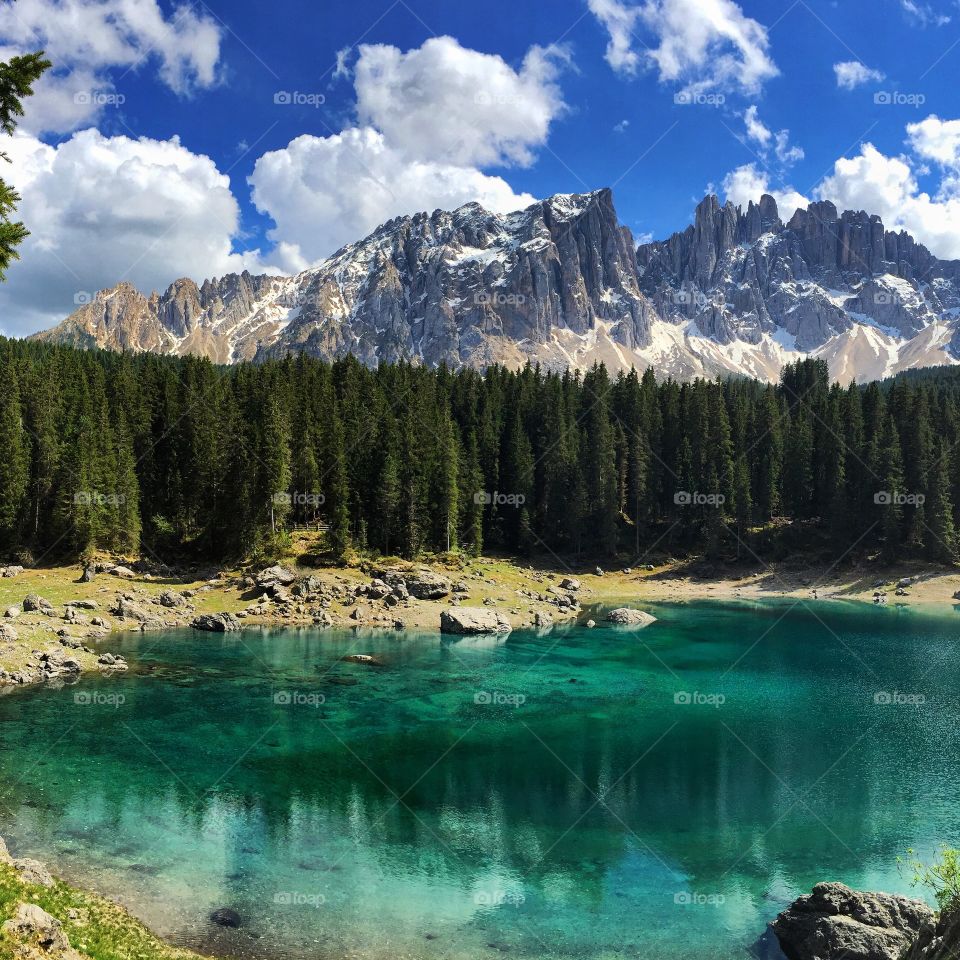 Lake Carezza and Latemar mountain range