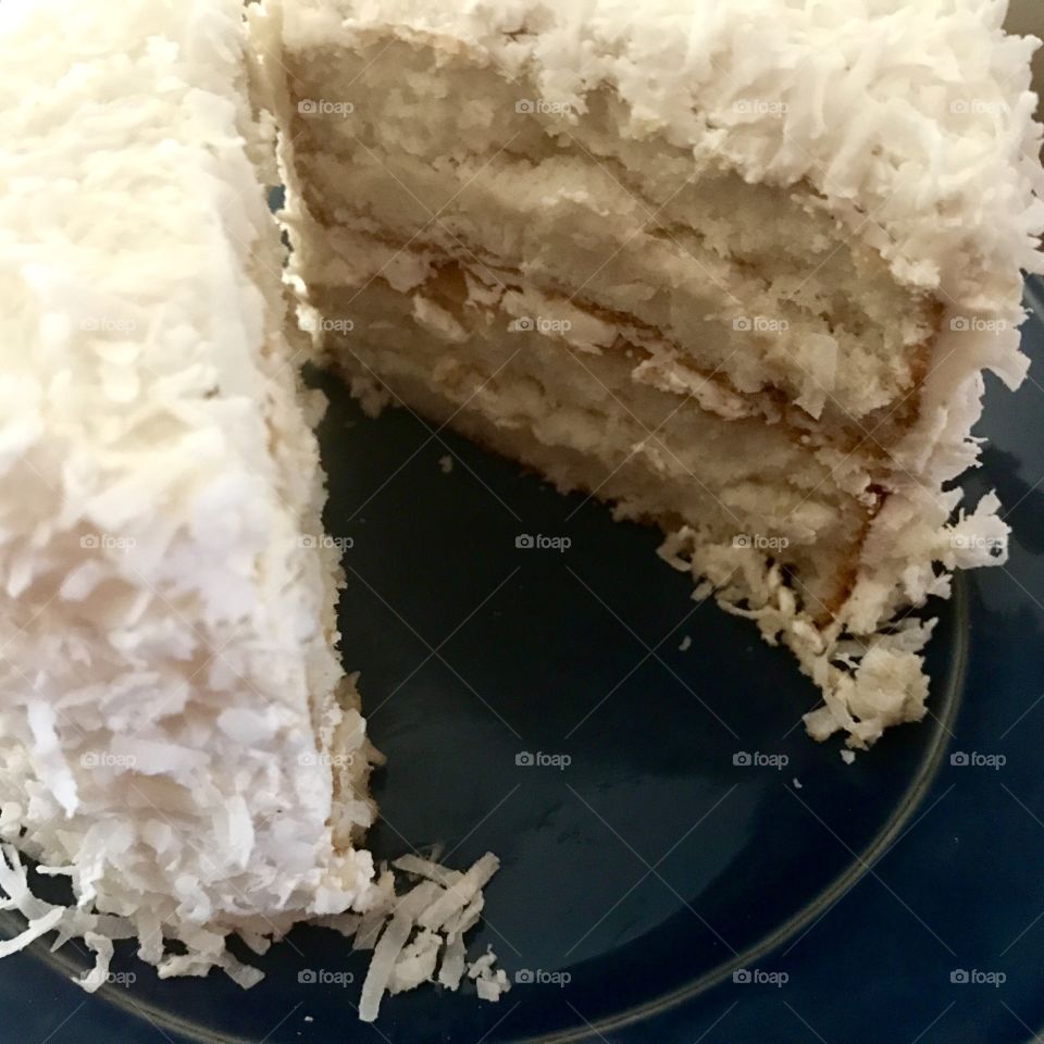 Close-Up Sliced Coconut Cake