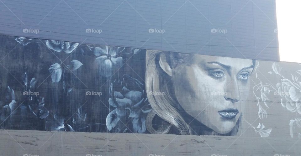 gray woman's face surrounded by flowers on painted wall art mural in Portland Oregon (artist unknown by me)