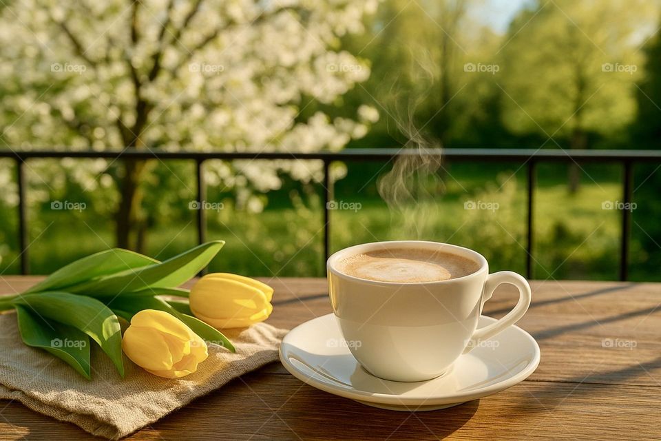 A cup of steaming cappuccino on a sunny spring balcony with yellow tulips and blooming trees in the background. Morning warmth and calm atmosphere.