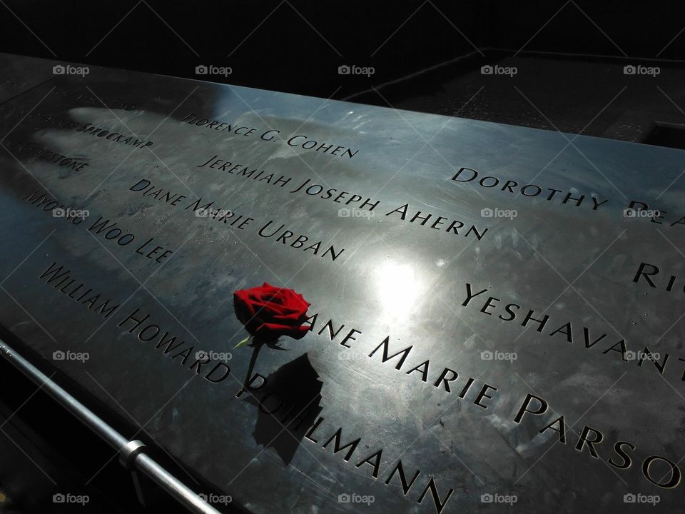 WTC Memorial. Photo of flower placed at the World Trade Center Memorial. 
