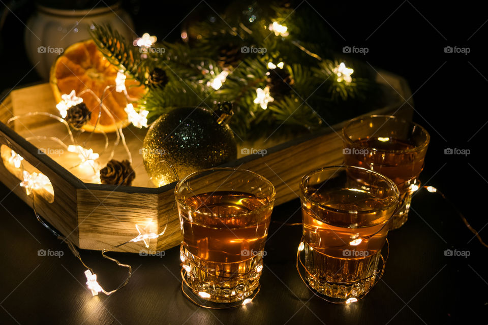 Christmas and new year alcohol drinks. Glass shots.