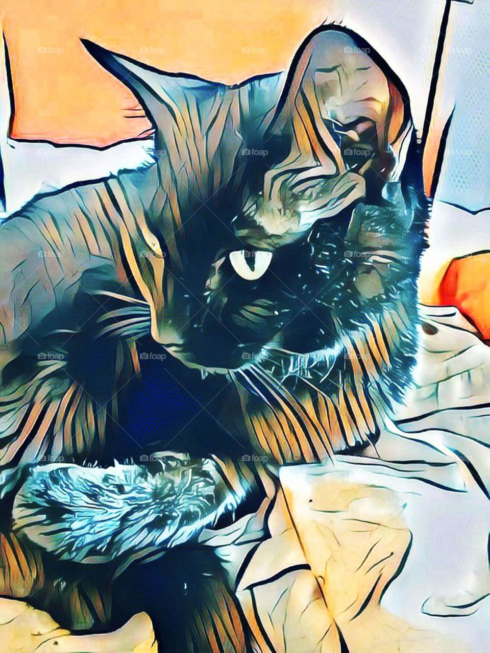 Stylized portrait of a black cat.