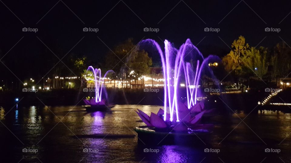 The water carries purple light high into the air above the waters of Discovery River during Rivers of Light at Animal Kingdom at the Walt Disney World Resort in Orlando, Florida.