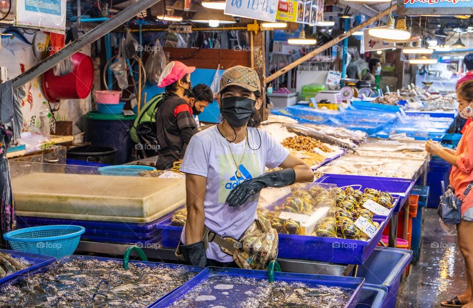 fresh caught Seafood for Sale at a Thai Street Fish Market in Thailand Southeast Asia