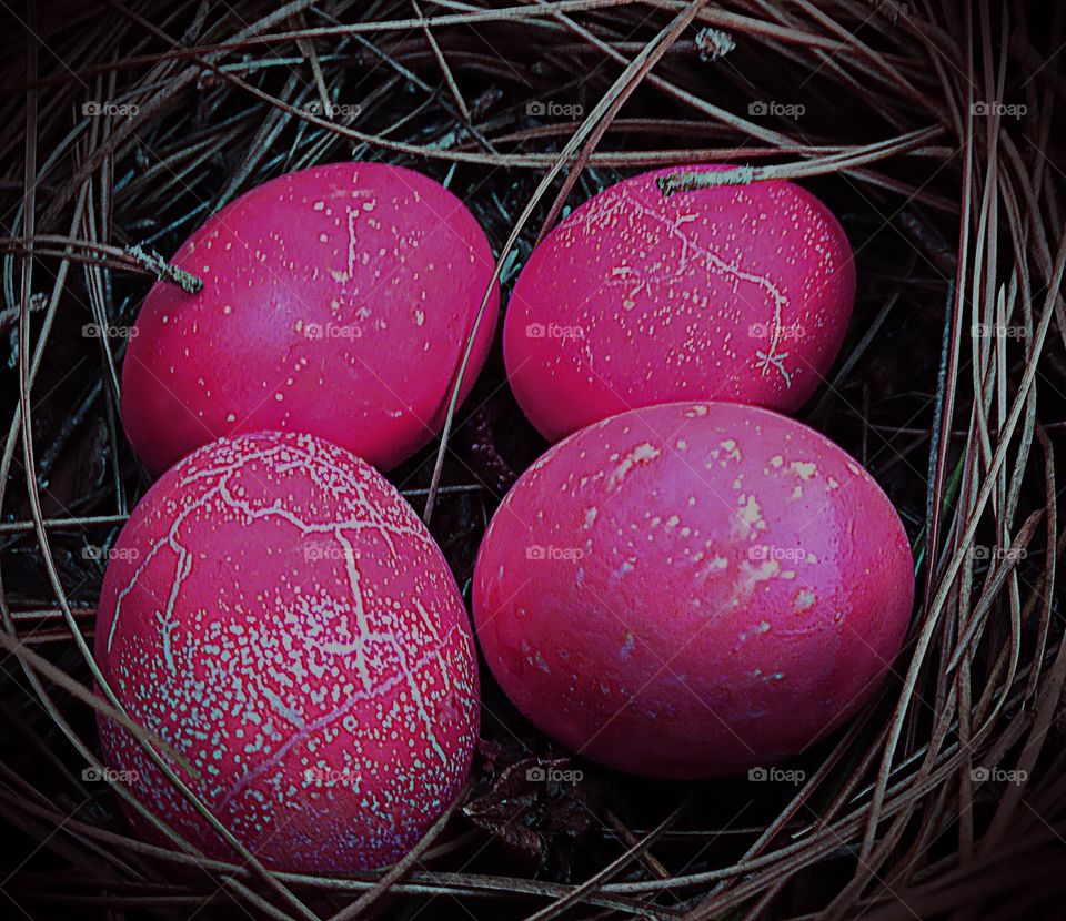 Bright pink textured Easter eggs in a nest.