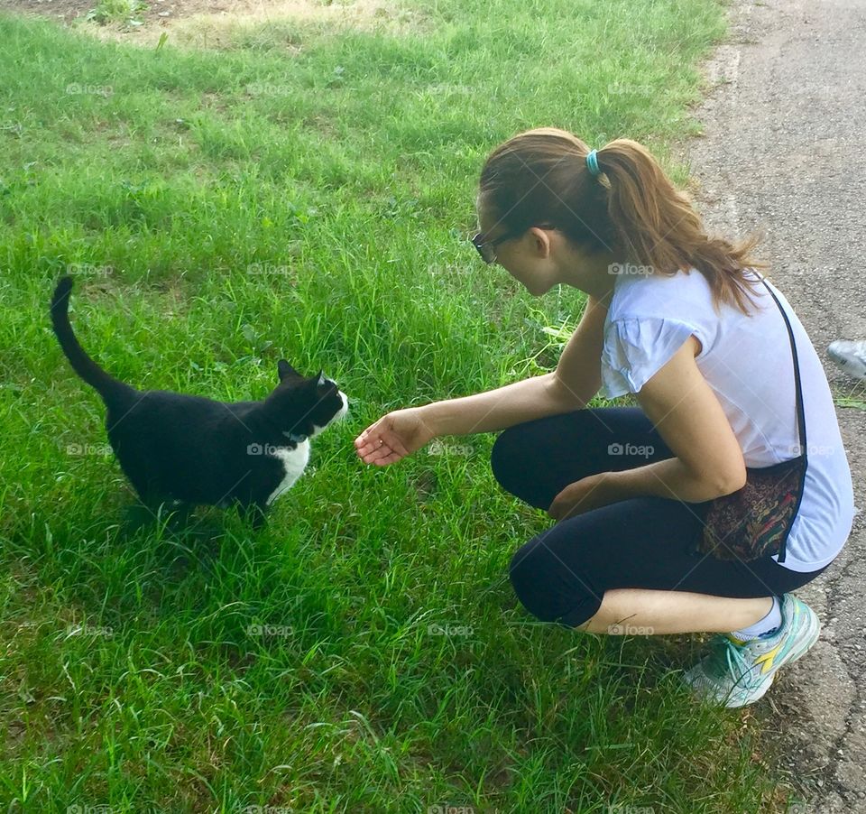 Women approaching a strange cat while enjoying a morning walk