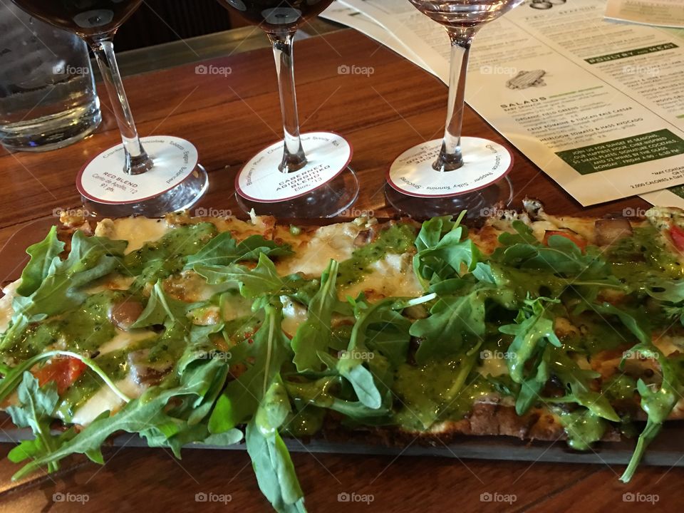 California wine tasting with gourmet chicken pesto flatbread 