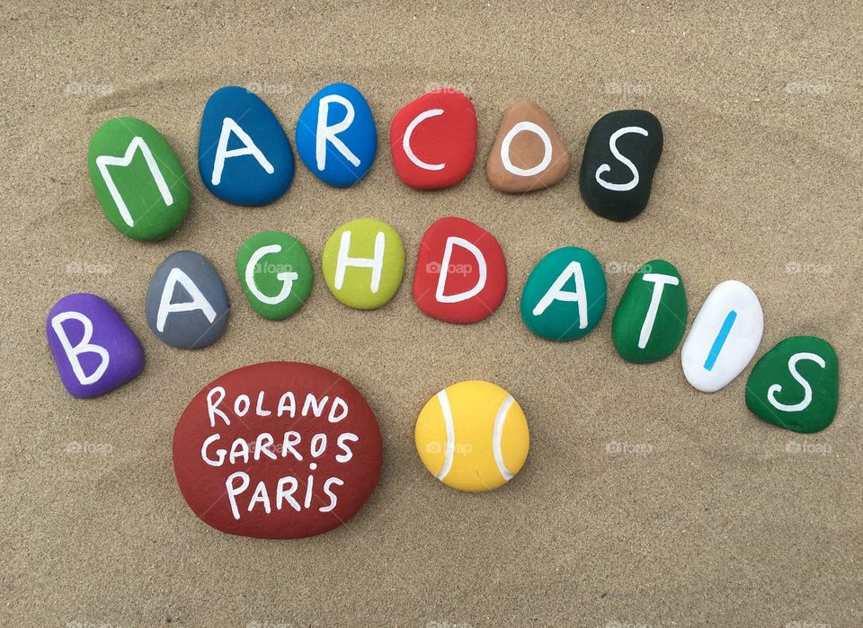 Marcus Baghdatis, professional tennis player from Cyprus at Roland Garros, souvenir on colored stones 