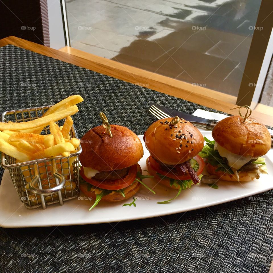 High angle view of burgers in plate