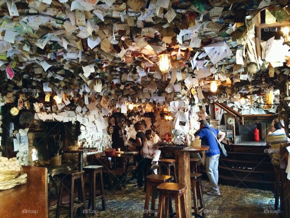 Cafe with lots of notes from visitors in Budapest