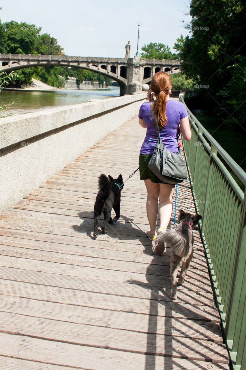 Young woman walking her dogs