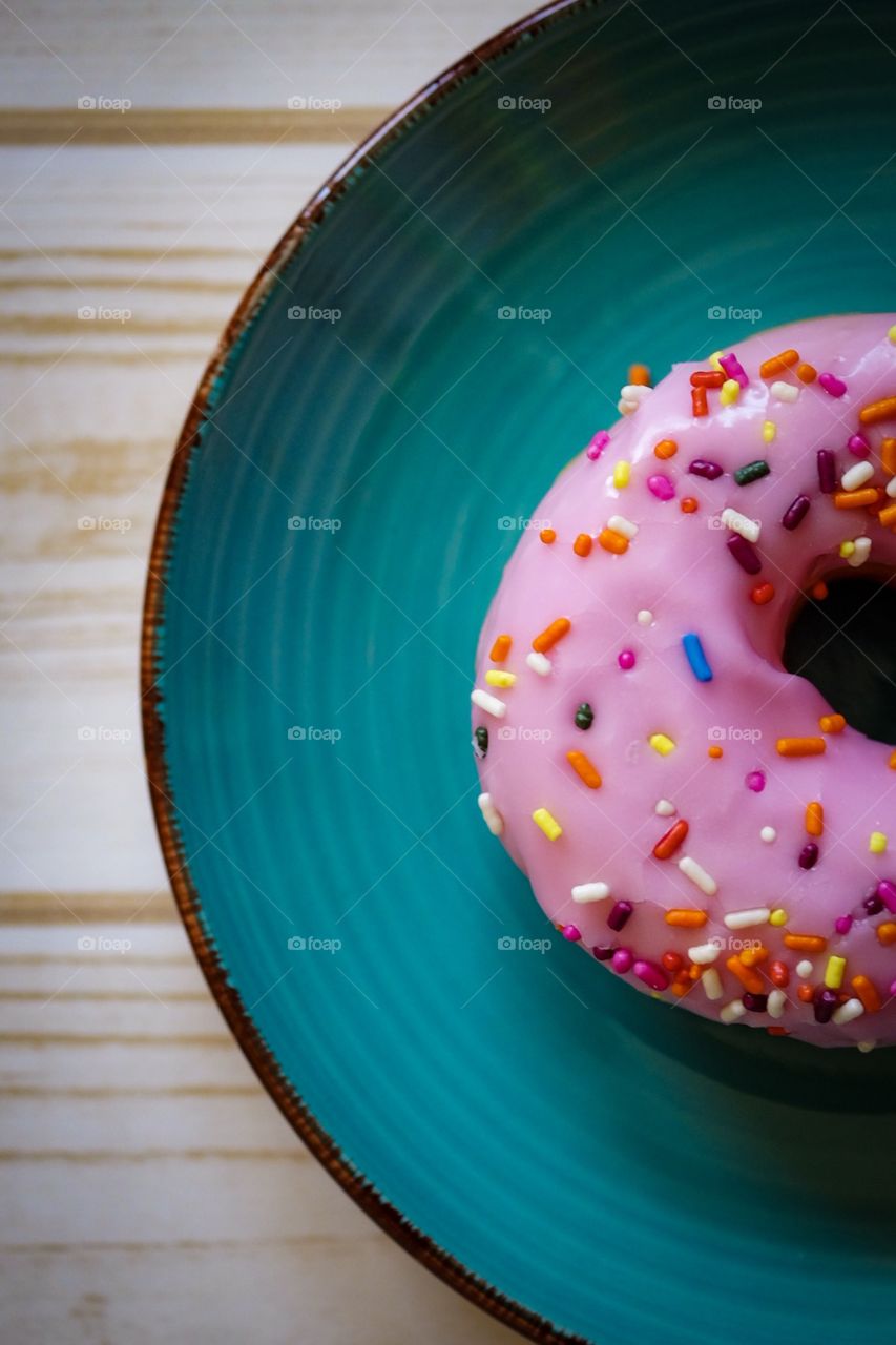 Let’s Eat!, Donut On A Plate, Food Photography, Colorful Donut On A Wooden Table 