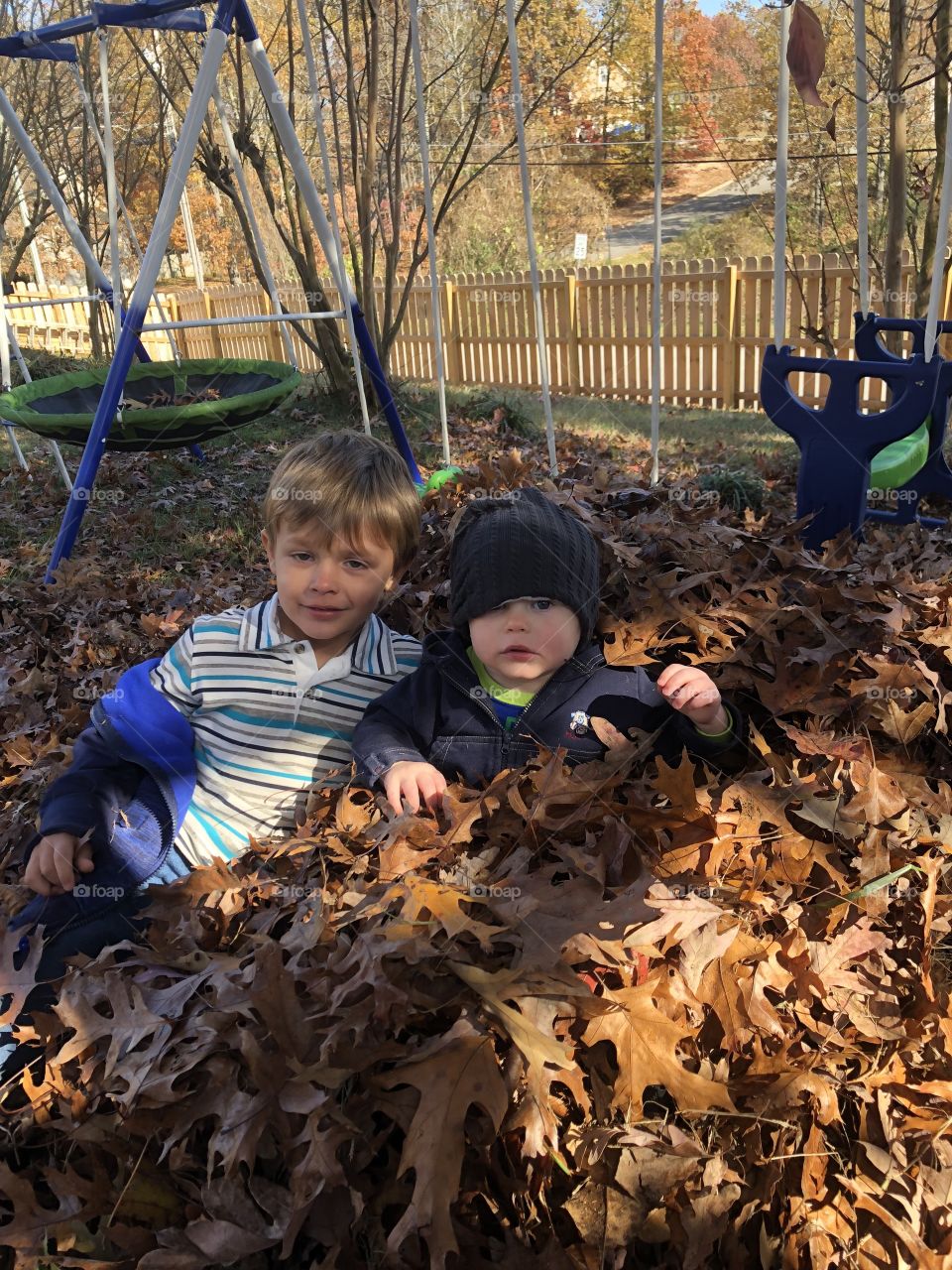 Two kids in pile of leaves 