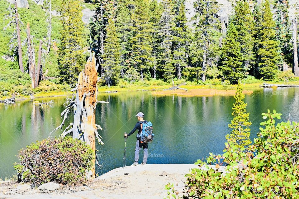 A day hike in Camp Lake in the immigrant wilderness of California during the autumn season 