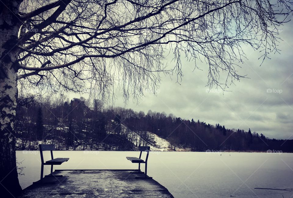 Two benches at frozen sea