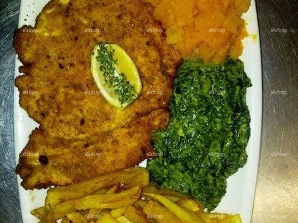 Chicken Schnitzel and Spinach with Chips