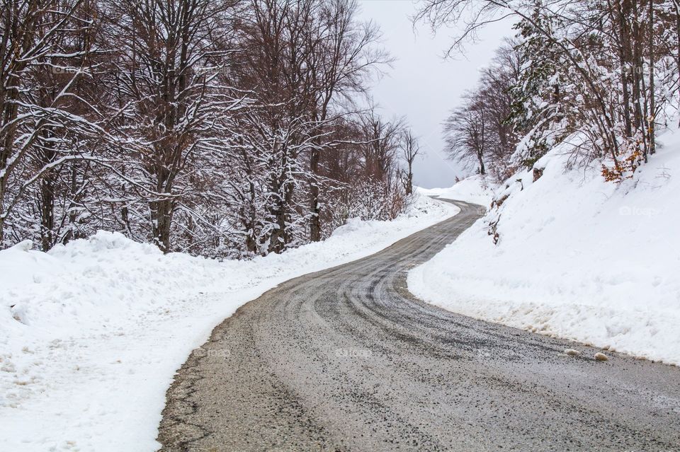 Winter, snow, mountain, road.