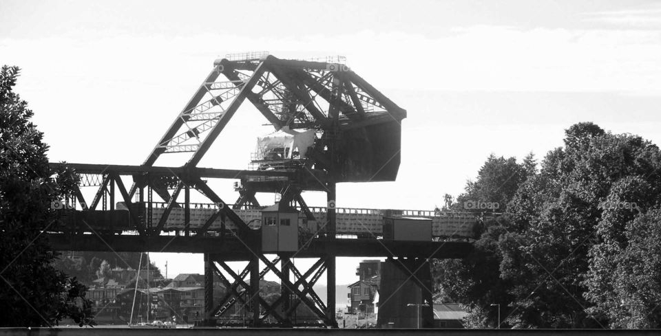 Train trestle over river in black & white