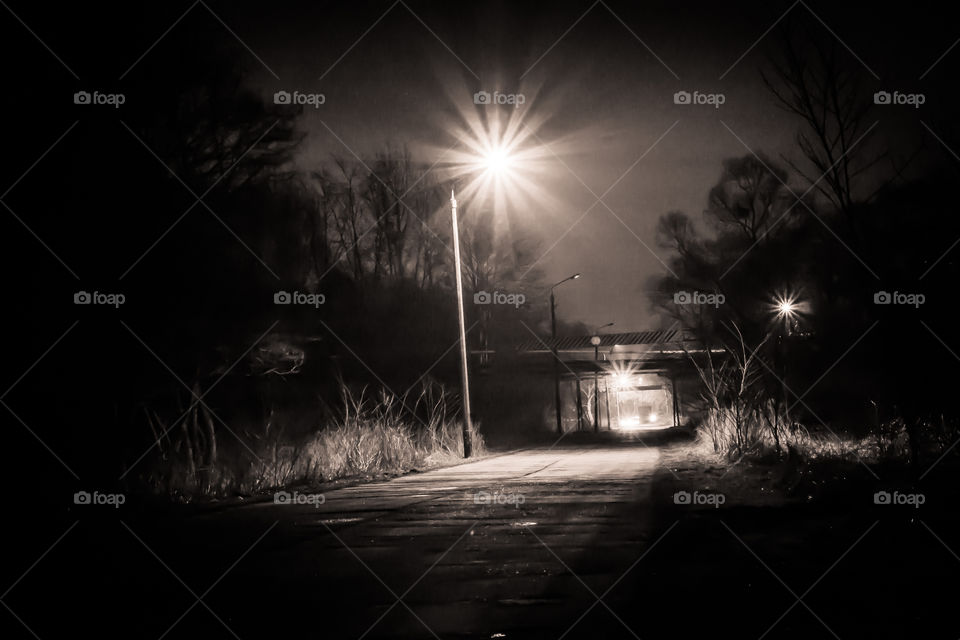 Night view of the concrete old road in the night