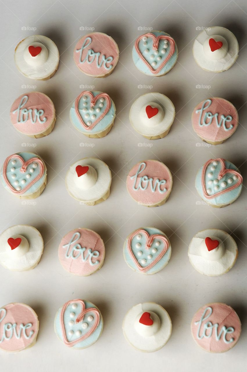 High angle view of heart shape cupcakes