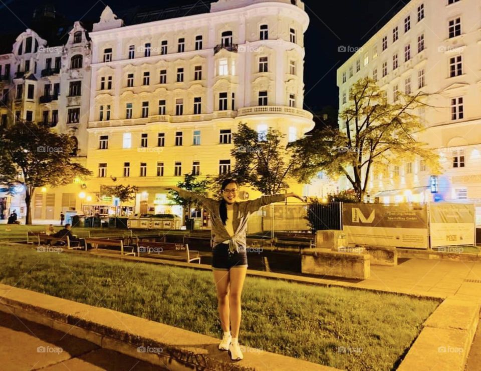 “Behind me is a reflection of a yellow light of this beautiful in Vienna, we don’t have to be rich to travel around. It’s not the money you are going to spend. It’s the memories you are going to keep. Happiness in Vienna Austria.”