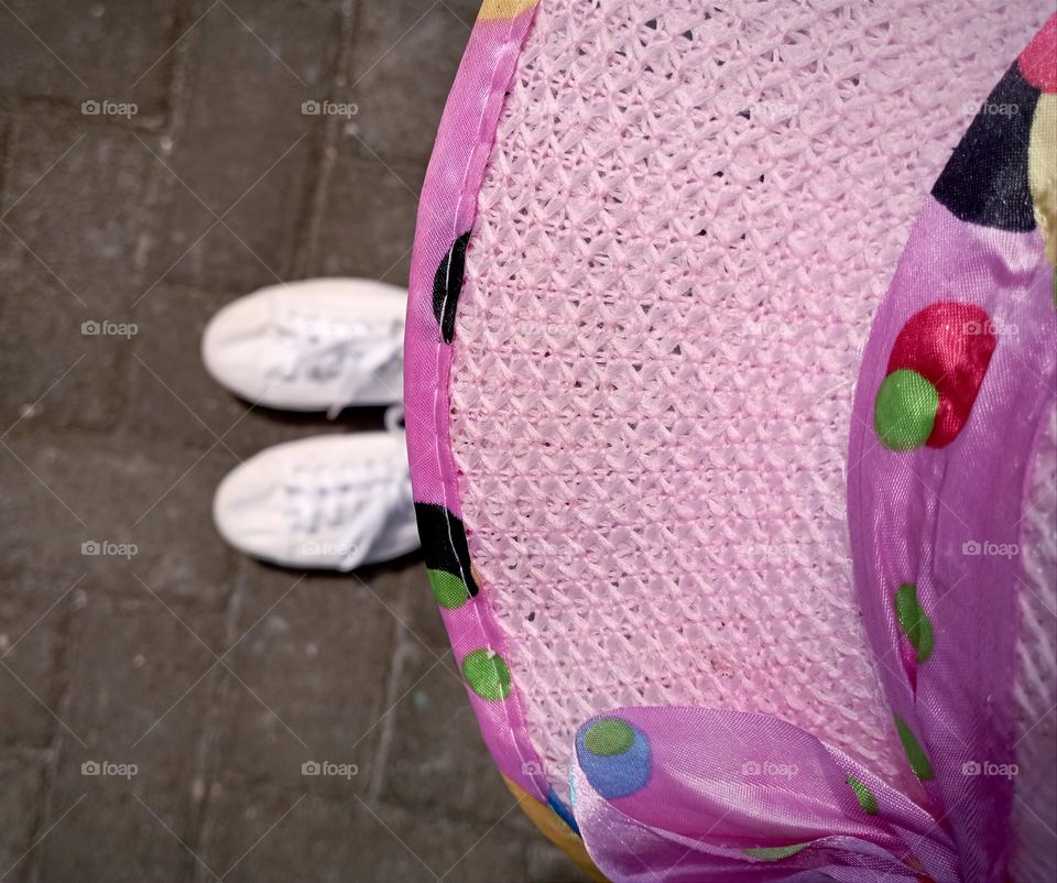 Pink summer hat and white shoes