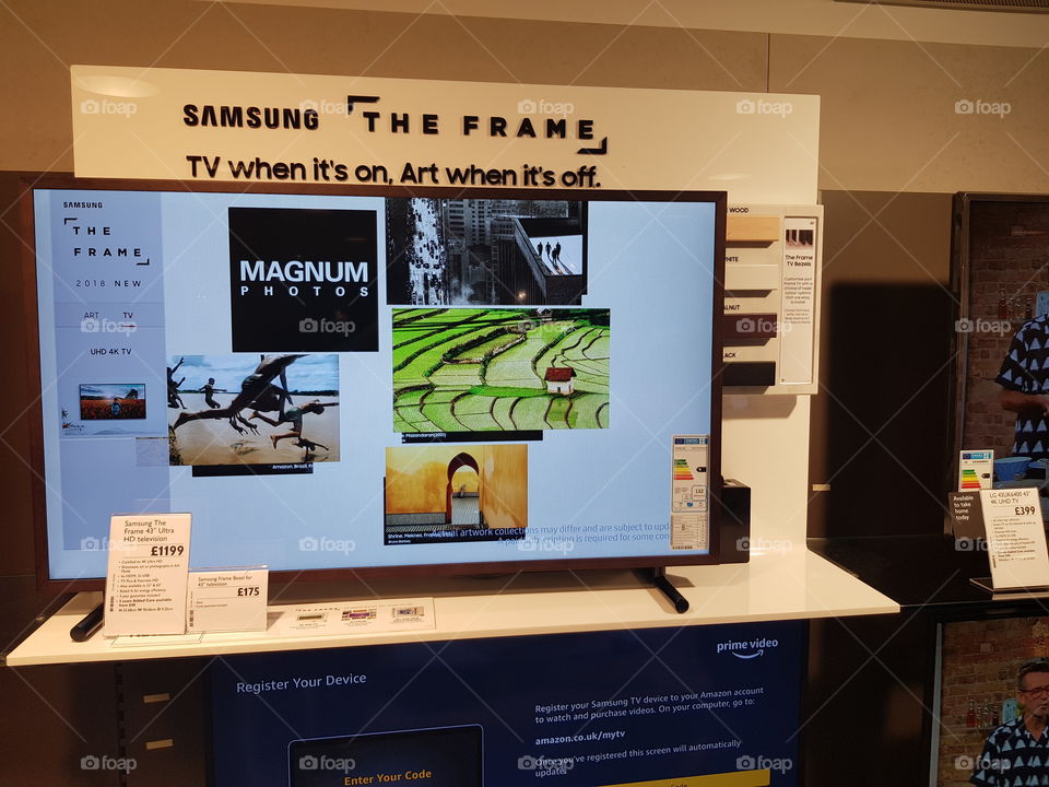 Samsung The Frame TV installation at Peter Jones Sloane square Chelsea King's road London displaying Magnum photos and art