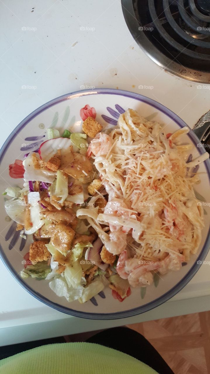 homemade shrimp fettuchini and salad
