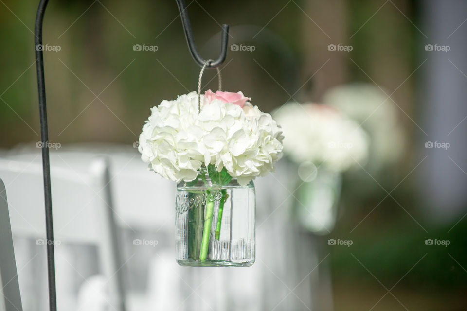 Hanging hydrangea in mason jars