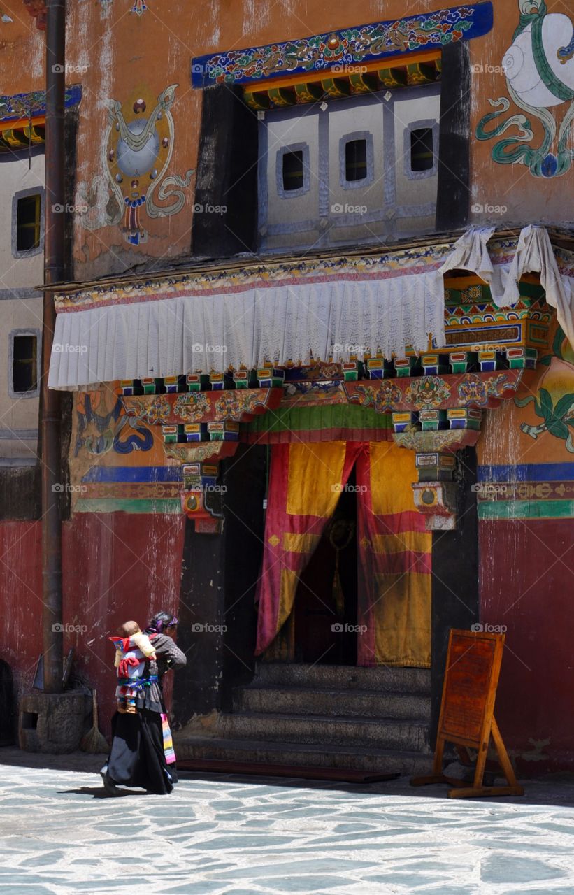 Colorful door of Buddhist monastery in Tibet  