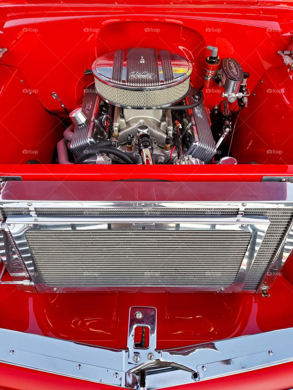 Lots of chrome under the hood of this classic American hot rod