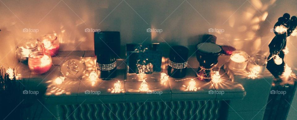 fairy lights and mantle piece