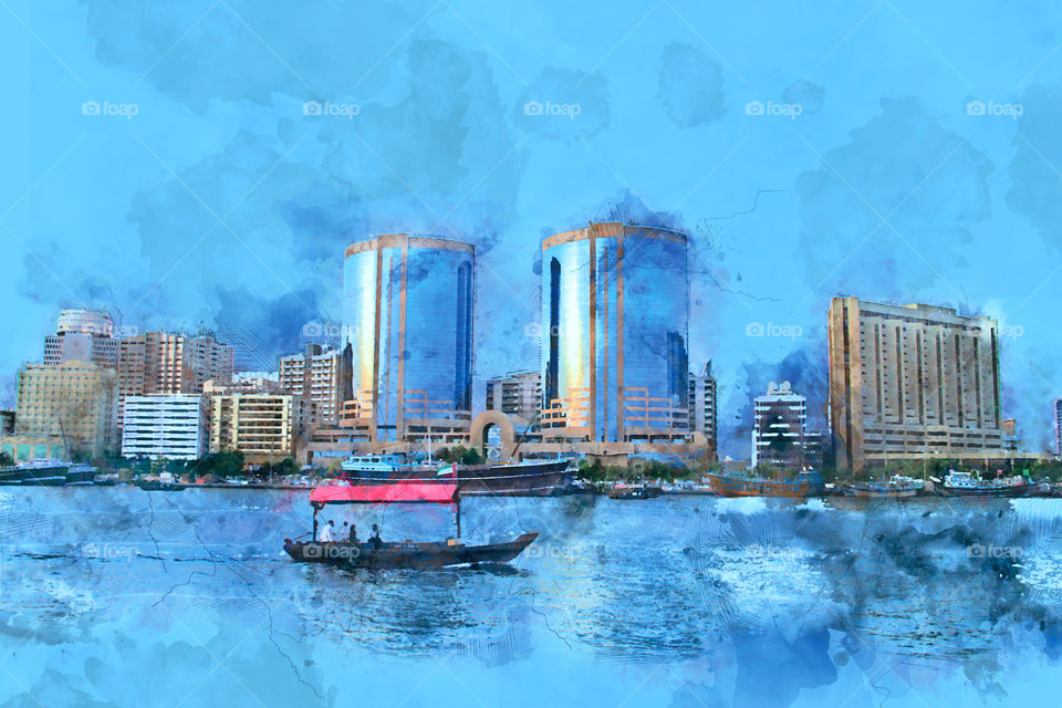 Dubai Creek buildings, digital water color painting illustration