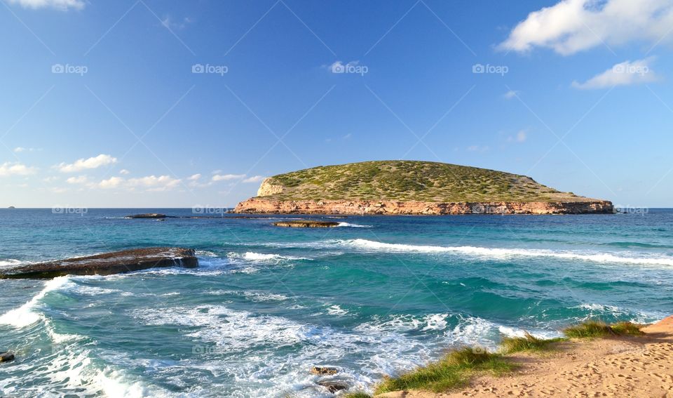 Cala Comte beach in Ibiza. Landscape of the beach Cala Comte in Ibiza island, Spain