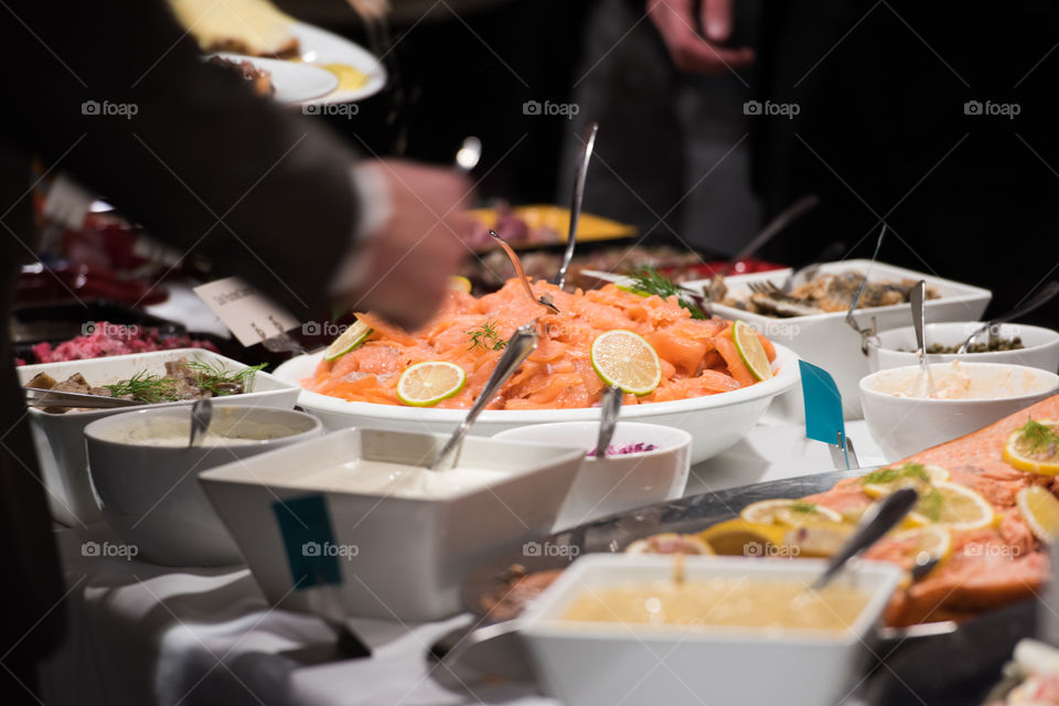 Buffe at a dinner party. This is a traditional Swedish christmas buffet, in Swedish julbord. 