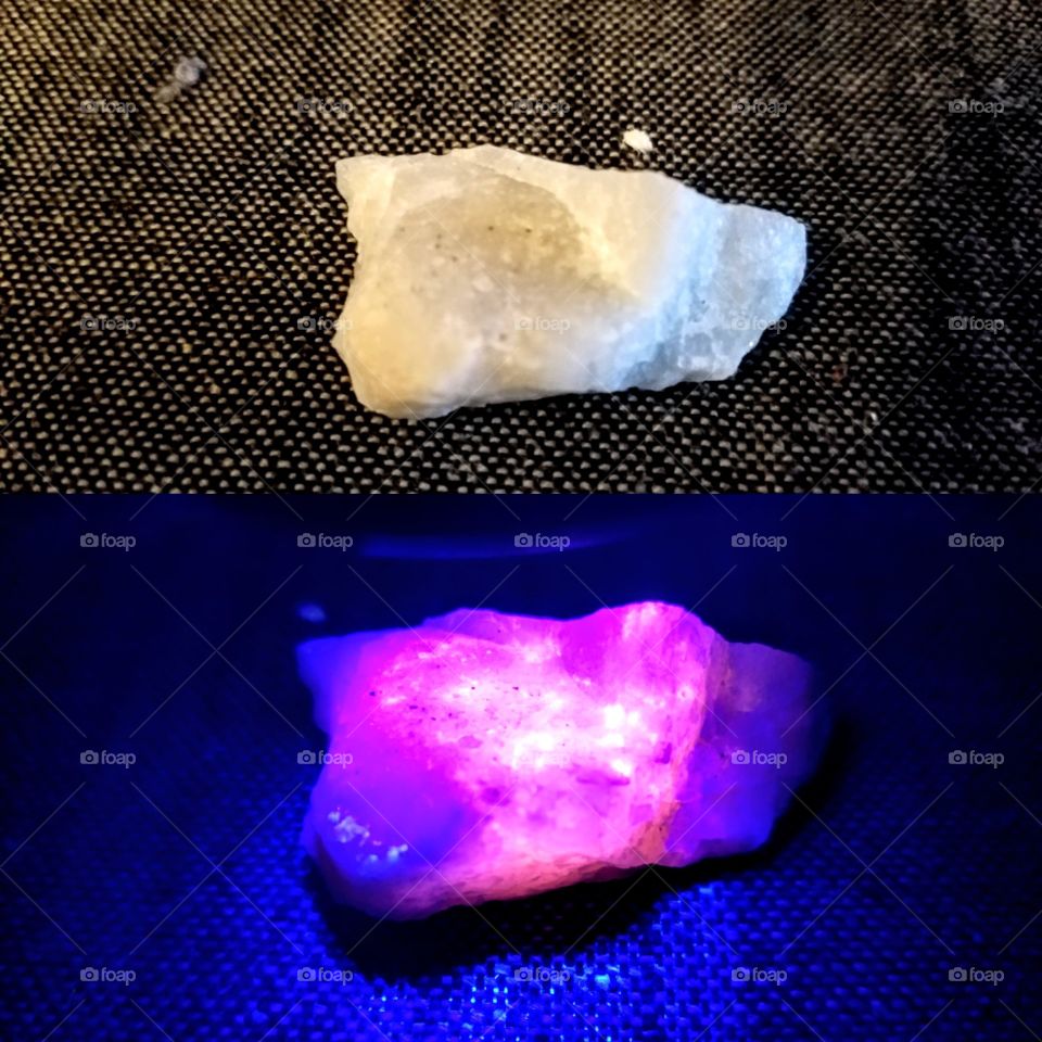 This is a side by side comparison of the same piece of Hackmanite, a form of fluorescent Sodalite that was found in Ontario.