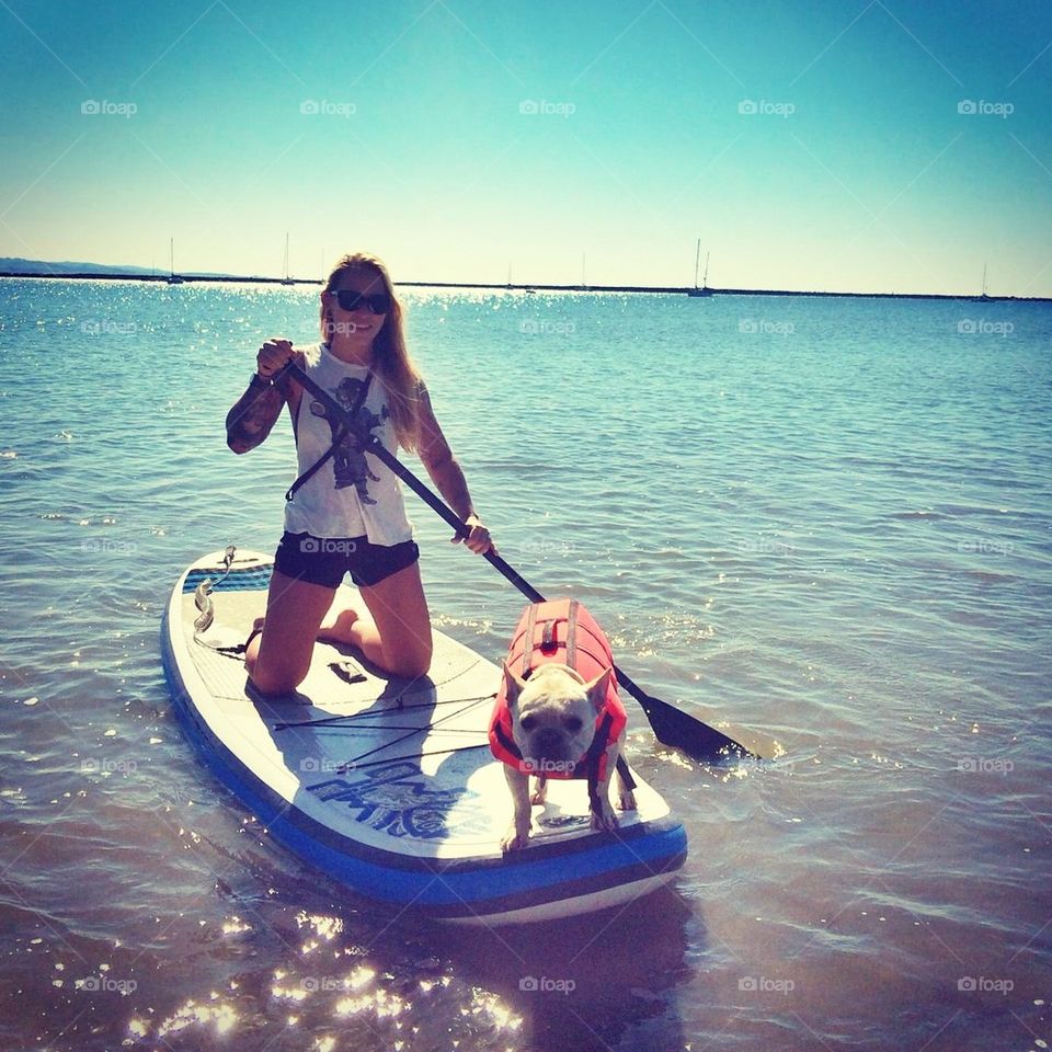 paddle boarding dog