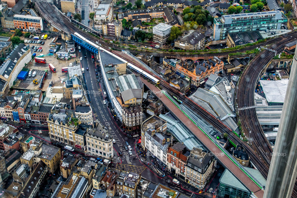 Aerial view of city street and buildings