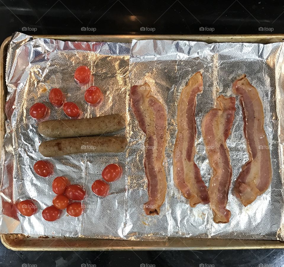 Grilled bacon sausage grape tomatoes breakfast 